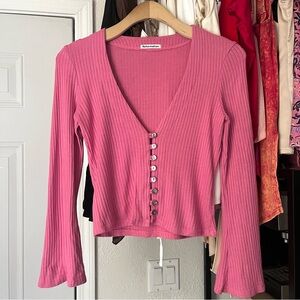 REFORMATION pink rib knit v neck long bell sleeve button up pearl shirt top